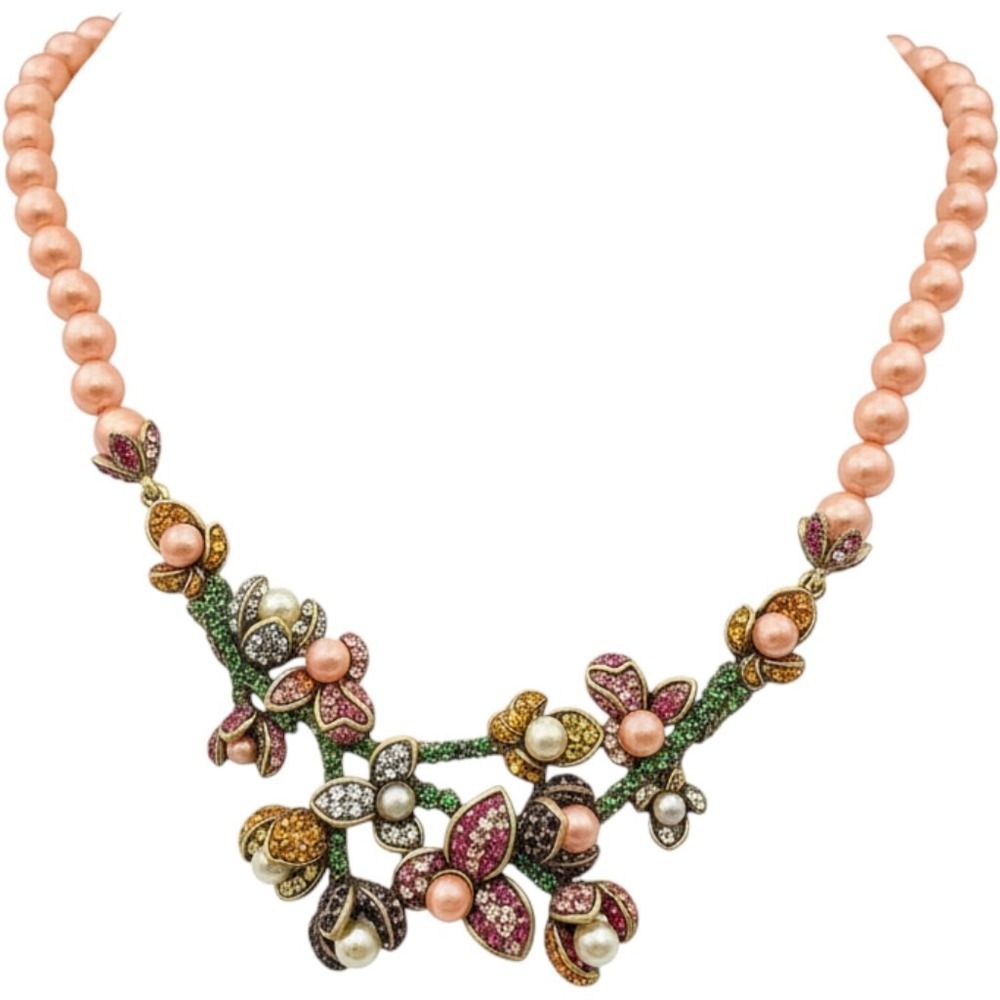 Heidi Daus Floral Crystal Pearl Statement Necklace Multi Color Bronze Tone HSN